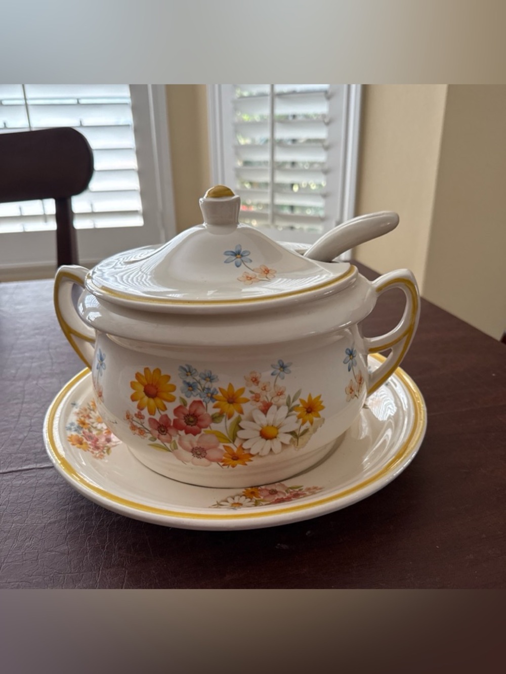 Vintage Cal. Orig. USA Soup Tureen w/ Underplate, Lid, & Ladle; Wild Flowers
